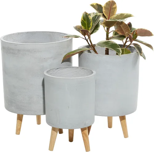 Vista 14 de CosmoLiving by Cosmopolitan - Maceta geométrica de óxido de magnesio para interiores y exteriores, maceta hexagonal grande con patas de madera