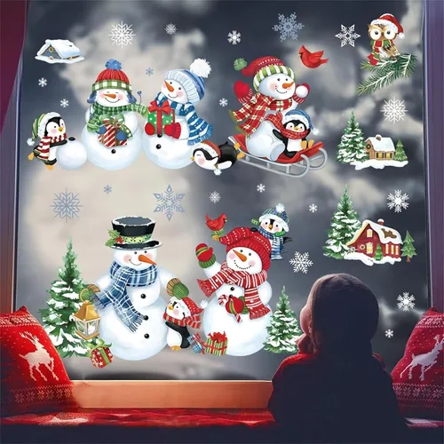 Vista 2 de decalmile Calcomanías reutilizables de Navidad para ventana, diseño de muñeco de nieve, pingüino, árbol de Navidad, copos de nieve, espejo de vidrio