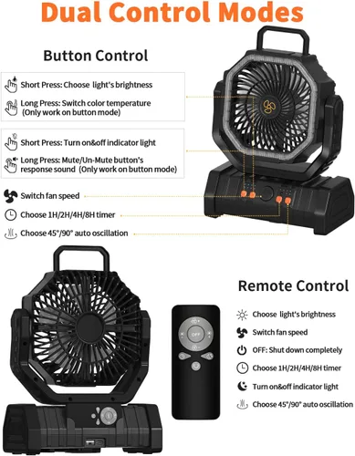 Vista 5 de ADUST Ventilador Portátil de Campamento con Batería, Ventilador con Luz LED 20000mAh Recargable, Oscilación Automática, Rotación de 270°, Gancho