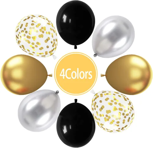 Vista 2 de Paready - Globos negros y dorados, 60 globos de 12 pulgadas de confeti dorado, globos de látex para fiestas con cintas para cumpleaños, graduación