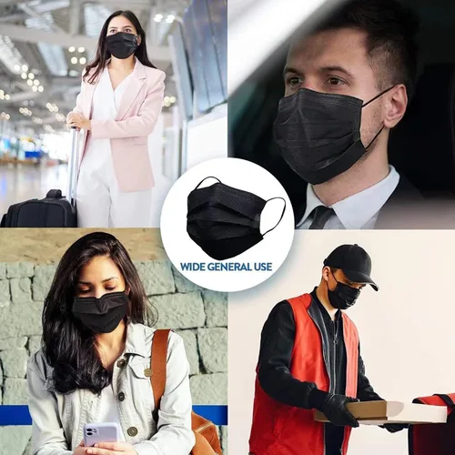 Vista 5 de Paquete de 100 cubrebocas, desechable, negras, 3 capas, mascarillas con elástico suave para las orejas