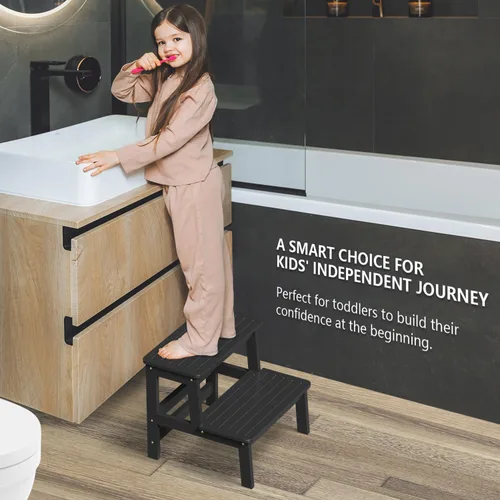 Vista 2 de Domax Taburetes de madera de bambú para niños, taburete para niños pequeños, para lavabo de baño, cama alta, inodoro, cocina, taburete de madera