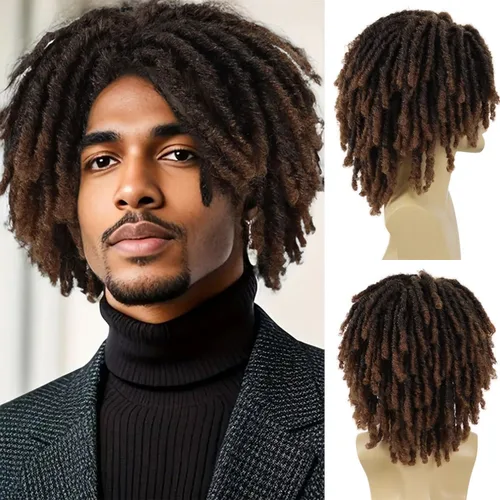 Vista 7 de GNIMEGIL - Pelucas cortas trenzadas para hombre Afro Bob, cabello negro trenzado en crochet, diadema con rastas, fibra sintética natural, capas