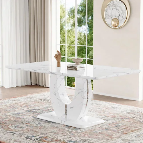 Vista 17 de JUFU Mesa de comedor de mármol sintético de 63 pulgadas para 4-6 personas, moderna mesa rectangular de cocina y comedor, mesa de MDF de aspecto