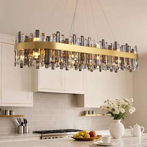 Vista 17 de Siljoy - Candelabro de cristal moderno, 12 luces, lujoso, redondo, de 2 niveles, con cristal K9 en forma de gota de lluvia, lámpara colgante de Oro