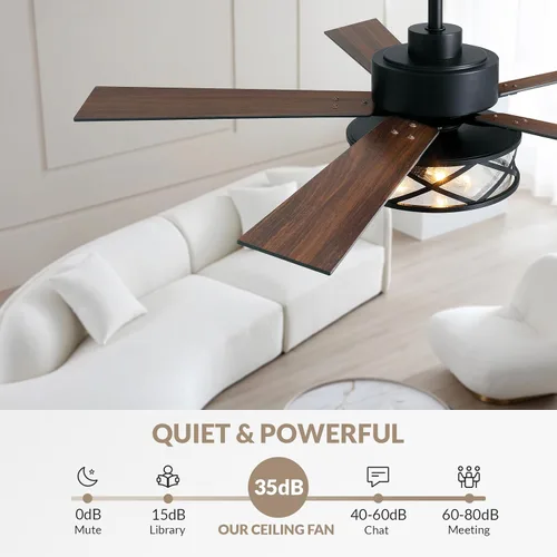 Vista 5 de Ventilador de techo de granja con luces de 52 pulgadas enjaulado Bubble glass shade farmhouse fandelier with walnut blades, quiet DC motor