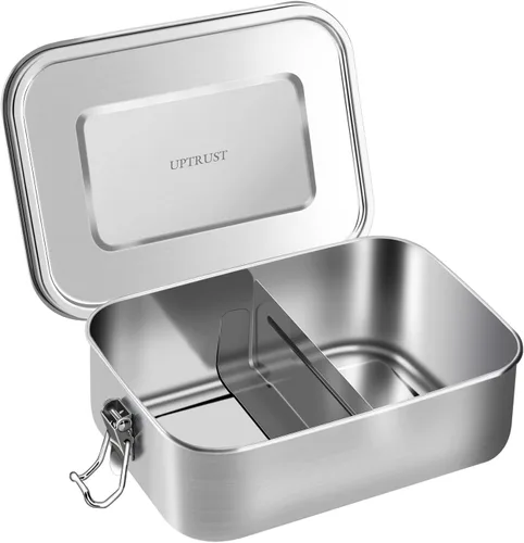 Vista 11 de UPTRUST Fiambrera Bento de acero inoxidable, 3 compartimentos, caja Bento de metal grande de 47.3 fl oz para niños o adultos, contenedor con clips