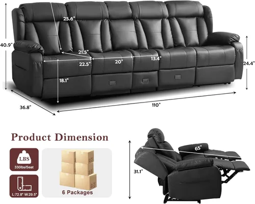 Vista 3 de Sofá biplaza reclinable manual de 110 pulgadas, sillón reclinable de 4 asientos con consola, mesa plegable y salidas integradas, sofá reclinable