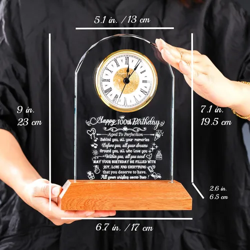 Vista 5 de Arikyrist Regalos de cumpleaños número 100 para mujeres, hombres y amigos, reloj de cumpleaños de cristal con base de luz Glass 100th Birthday