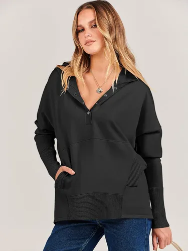 Vista 4 de ANRABESS Sudadera con capucha de gran tamaño para mujer, manga larga, botones, cuello en V, casual, holgada, ropa de otoño