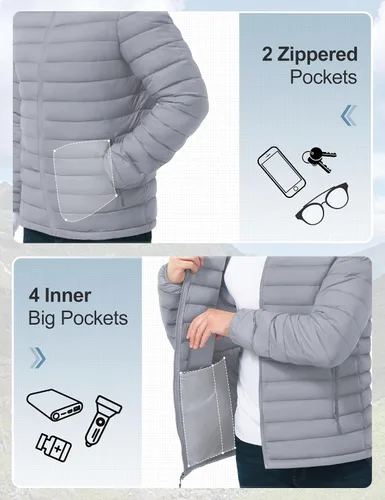 Vista 5 de Chaqueta acolchada ligera y plegable para hombre, con capucha, aislada, resistente al agua, para esquí, senderismo, viajes