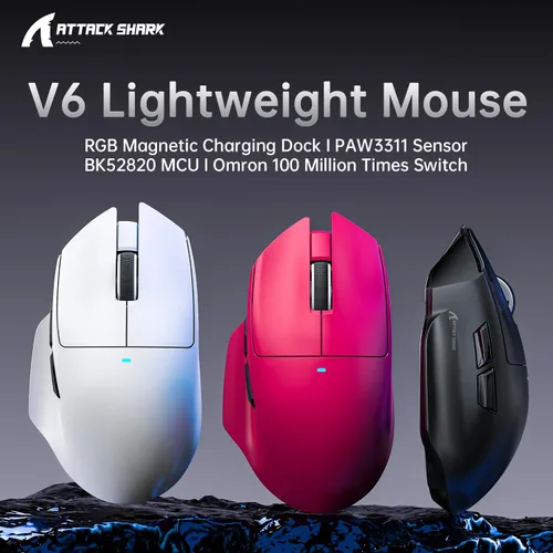 Vista 2 de ATTACK SHARK V6 - Mouse inalámbrico para juegos con base de carga RGB, sensor PAW3311 de 25 K DPI y tres modos de sondeo de 1 K, batería de 500 mAh