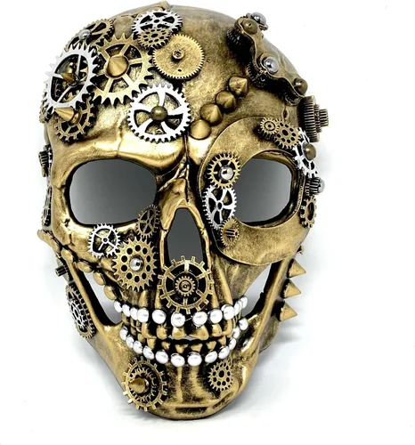 Vista 17 de Máscara de esqueleto de terror metálico estilo steampunk para disfraz de Halloween, fiesta de cosplay