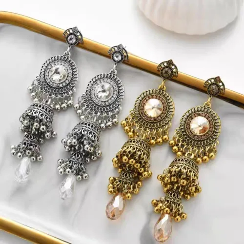 Vista 4 de Jhumka Jhumki - Aretes colgantes de borla vintage con cuentas étnicas indias, bolas de campana, aretes tradicionales oxidados antiguos para mujeres