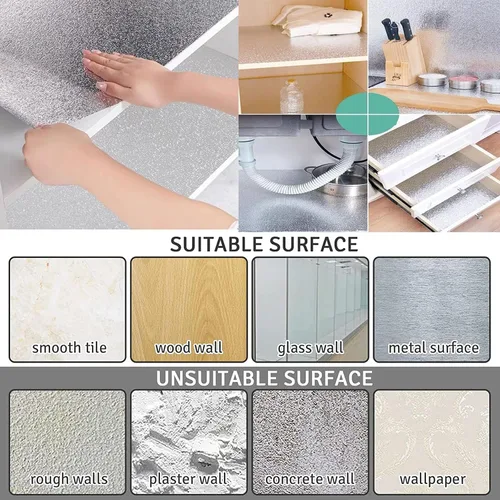 Vista 5 de Papel tapiz para cocina, adhesivo a prueba de aceite, salpicaduras, hoja de aluminio autoadhesiva, papel plateado, forro para gabinete, forro