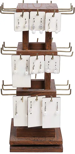 Vista 4 de Ikee Design Torre de joyería giratoria de madera natural con 36 ganchos soporte giratorio para almacenamiento de tarjetas para tienda escaparate