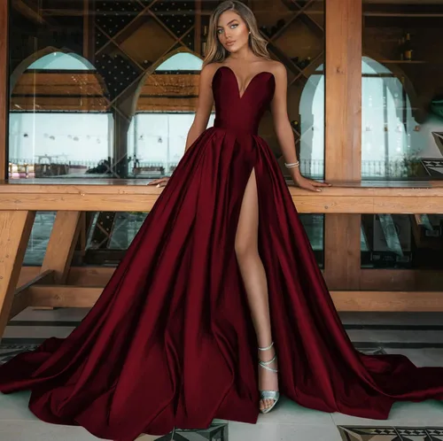 Vista 7 de Zeeyecie Vestido de baile de graduación con hombros descubiertos para mujer vestido largo de satén formal con abertura y bolsillos