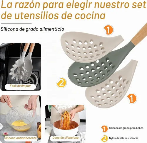 Vista 3 de QMVESS Juego de utensilios de cocina de silicona, 35 piezas, antiadherentes, aislamiento resistente, mango de madera, accesorios de cocina