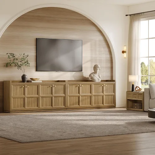 Vista 4 de SICOTAS - Armario buffet de 61.7 pulgadas, aparador de 4 puertas, cocina, sala de estar, roble marrón Geometric Doors & Elegant Gold Handle
