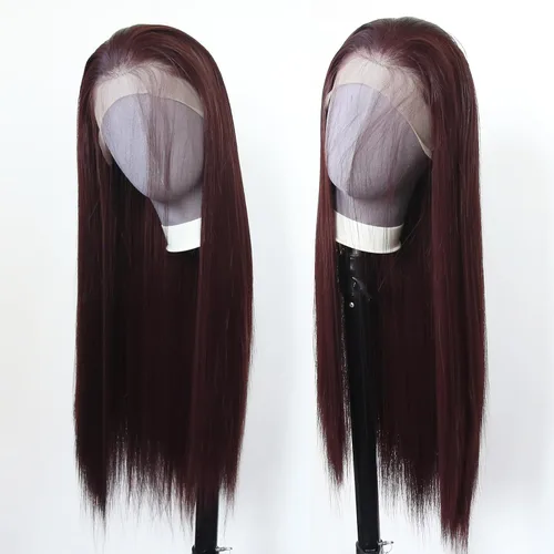 Vista 5 de 99J Peluca larga y lisa 99J color borgoña sintética con encaje frontal, predesfilada con línea de cabello natural para mujeres de moda, cabello