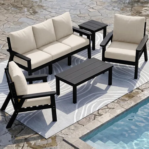 Vista 53 de PLUUV Juego de muebles de patio al aire libre HDPE, 7 piezas, marco negro Marco negro/cojín gris
