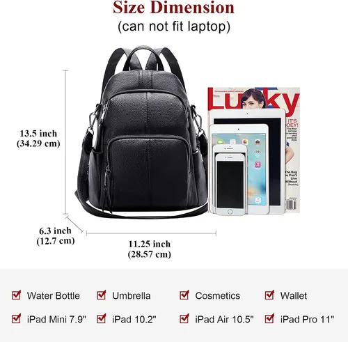 Vista 5 de ALTOSY Mochila de cuero suave para mujer, mochila versátil, Negro
