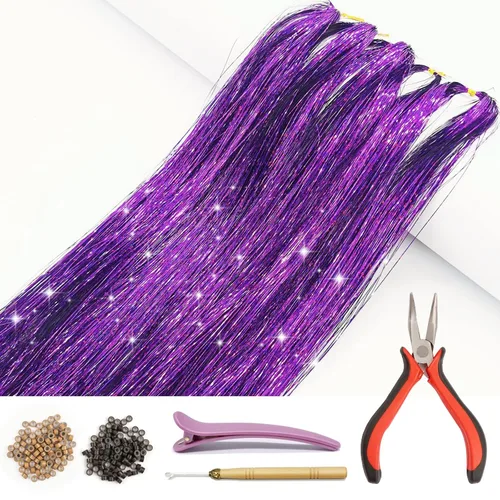 Vista 8 de Kit de extensión de cabello con herramientas e instrucciones, fácil de usar, 1000 mechones, 47 pulgadas, extensiones de cabello con purpurina Fairy
