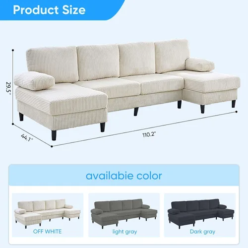 Vista 2 de Mjkone Sofá modular extragrande en forma de U de 110 pulgadas de ancho, juego de sofá de pana de 4 plazas con diván doble, sofá cama tapizado
