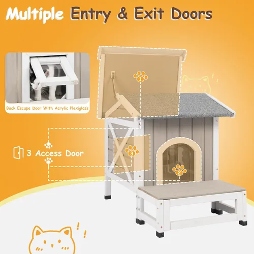 Vista 7 de Casa para gatos al aire libre para el verano: refugio de madera elevado con ventilación, puerta de escape, techo abierto, refugio al aire libre