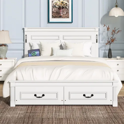 Vista 20 de JIVOIT Base de cama de plataforma de tamaño matrimonial con cabecero, cama de plataforma de madera estilo retro con patas de madera maciza Negro