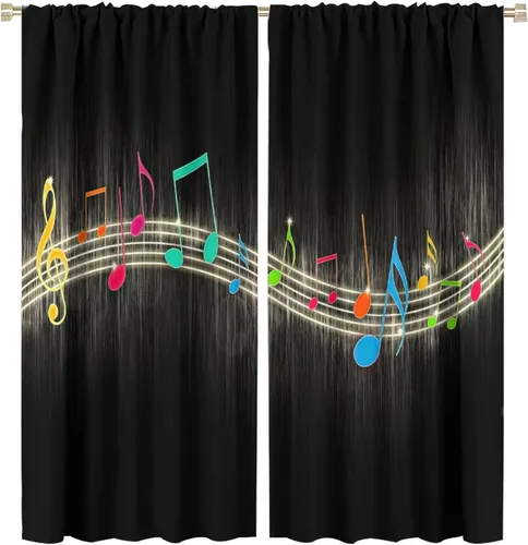 Vista 71 de Cortinas de notas musicales, blanco y negro, instrumento musical, canción, arte de canción, opacas, para ventana, dormitorio, sala de estar
