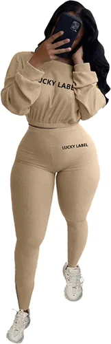 Vista 4 de IyMoo - Atuendo de 2 piezas para mujer con camiseta ombliguera de manga larga acanalada + pantalones deportivos largos y entallados