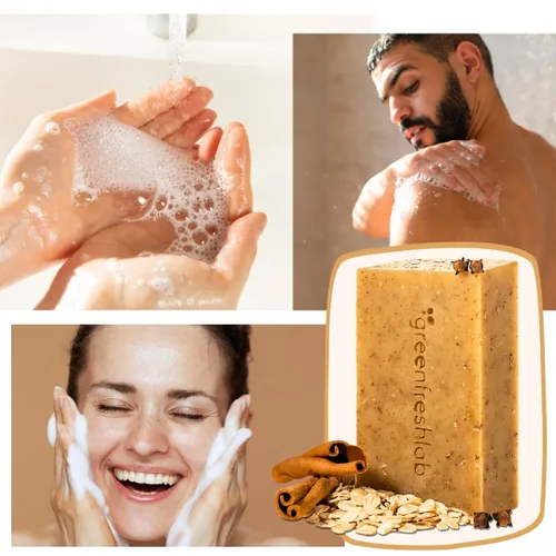 Vista 6 de Jabón exfoliante Clove & Cinnamon para hombres o mujeres con avena orgánica, aceites orgánicos, veganos, totalmente naturales, veganos y sin