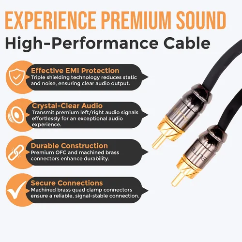 Vista 2 de Elite Audio Serie Pro 3 pies. Cable corto de audio para carro RCA de 2 canales - Triple blindaje, conectores de latón, cobre libre de oxígeno, cable