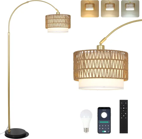 Vista 12 de Lámparas de pie arqueadas para sala de estar con 3 temperaturas de color, lámpara de pie negra con control remoto y bombilla LED regulable, lámpara