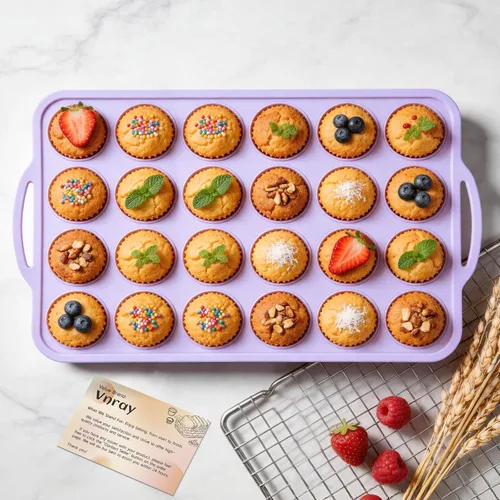 Vista 10 de Mini Molde de Silicona para Muffins con Marco de Metal, Molde de Silicona Antiadherente para Cupcakes con Asas de 24 Tazas, Bandeja de Molde