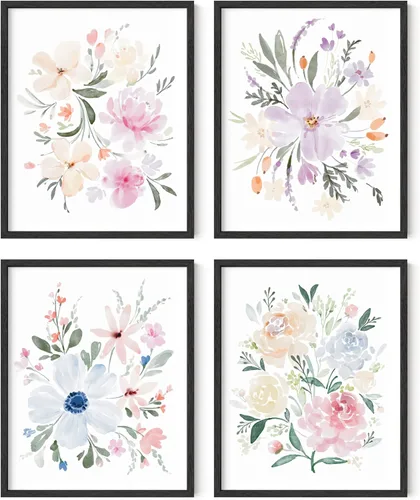Vista 17 de HAUS AND HUES Arte de pared floral gris, juego de 4 pósteres de plantas para pared vintage, impresiones botánicas, cuadros de flores en blanco