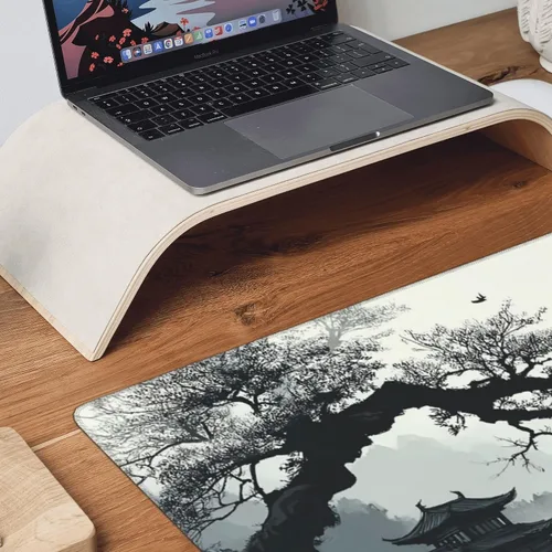Vista 2 de Alfombrilla extendida para mouse, diseño de paisaje de pintura de tinta china, 35.4x15.7 pulgadas, tapete para teclado de juegos con bordes cosidos