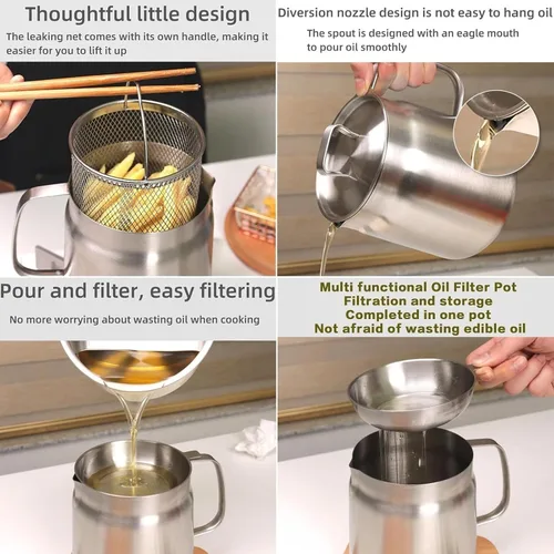 Vista 3 de Olla de acero inoxidable 304 de 53 onzas con cesta y colador, recipiente de grasa de tocino de gran capacidad para cocina, recipiente de filtro