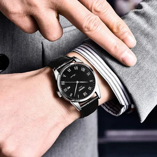Vista 2 de SKMEI Reloj para hombres de negocios vestido clásico de moda casual negro cuero cuarzo analógico impermeable calendario fecha luz simple relojes
