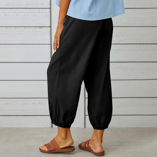 Vista 4 de Pantalones capri de cintura alta con cordón y botón de algodón suelto casual con bolsillos para mujer