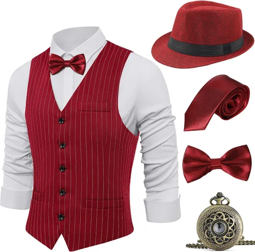 Vista 11 de BABEYOND - Disfraz de hombre de los años 1920, set de accesorios para disfraz de gángster de Gatsby con chaleco vintage, corbata, reloj de bolsillo