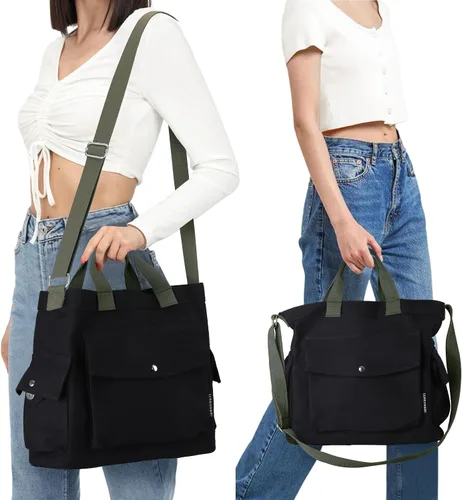 Vista 2 de Juoxeepy Bolsa de lona con bolsillos para mujer, bolsa cruzada de lona, bolsa de hombro, bolsa de trabajo, bolso Hobo para hombres