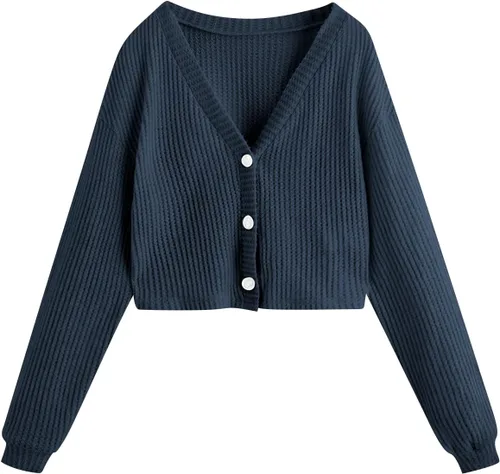 Vista 10 de SweatyRocks suéter tipo cárdigan de manga larga con botones en la parte delantera y cuello en V de tejido fino para mujer Albaricoque