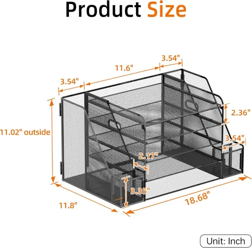 Vista 3 de SUPEASY Organizador de escritorio, organizador de archivos de escritorio de malla de 5 niveles con sujetalibros, soporte para archivos, 2 vasos