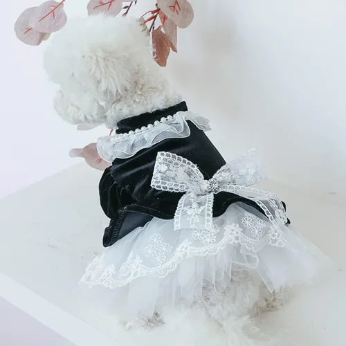 Vista 2 de Ropa para perros pequeños, vestidos de terciopelo para perro, lindo vestido de princesa con lazo, ropa para mascotas, trajes de verano de encaje