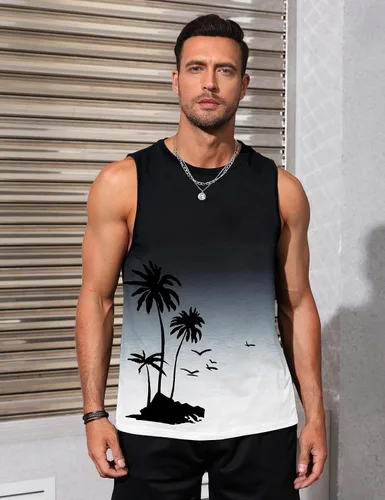 Vista 2 de Camisetas sin mangas con gráficos para hombre, camisetas musculares hawaianas para playa, árbol de coco hawaiano, camisetas sin mangas patrióticas