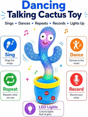 Vista 3 de Juguetes recargables para bebés, juguete de cactus que habla bailando, volumen ajustable, canto, imitando y repetido, juguetes interactivos