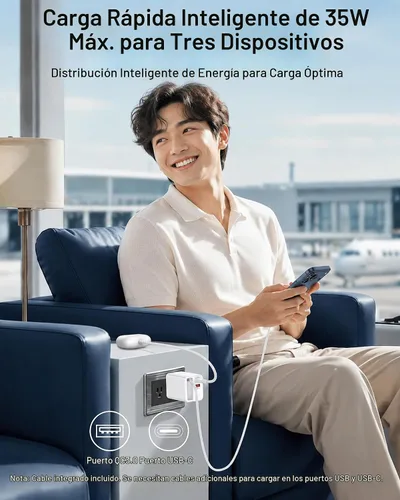 Vista 3 de Cargador de pared retráctil USB C, bloque de carga rápida 3 en 1 para Blanco