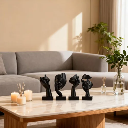 Vista 4 de Juego de 4 Figuritas de Pensador Abstracto Negro, Estatua Pequeña de Arte Facial para el Hogar para Decoración de Acentos Dormitorio de Mujeres